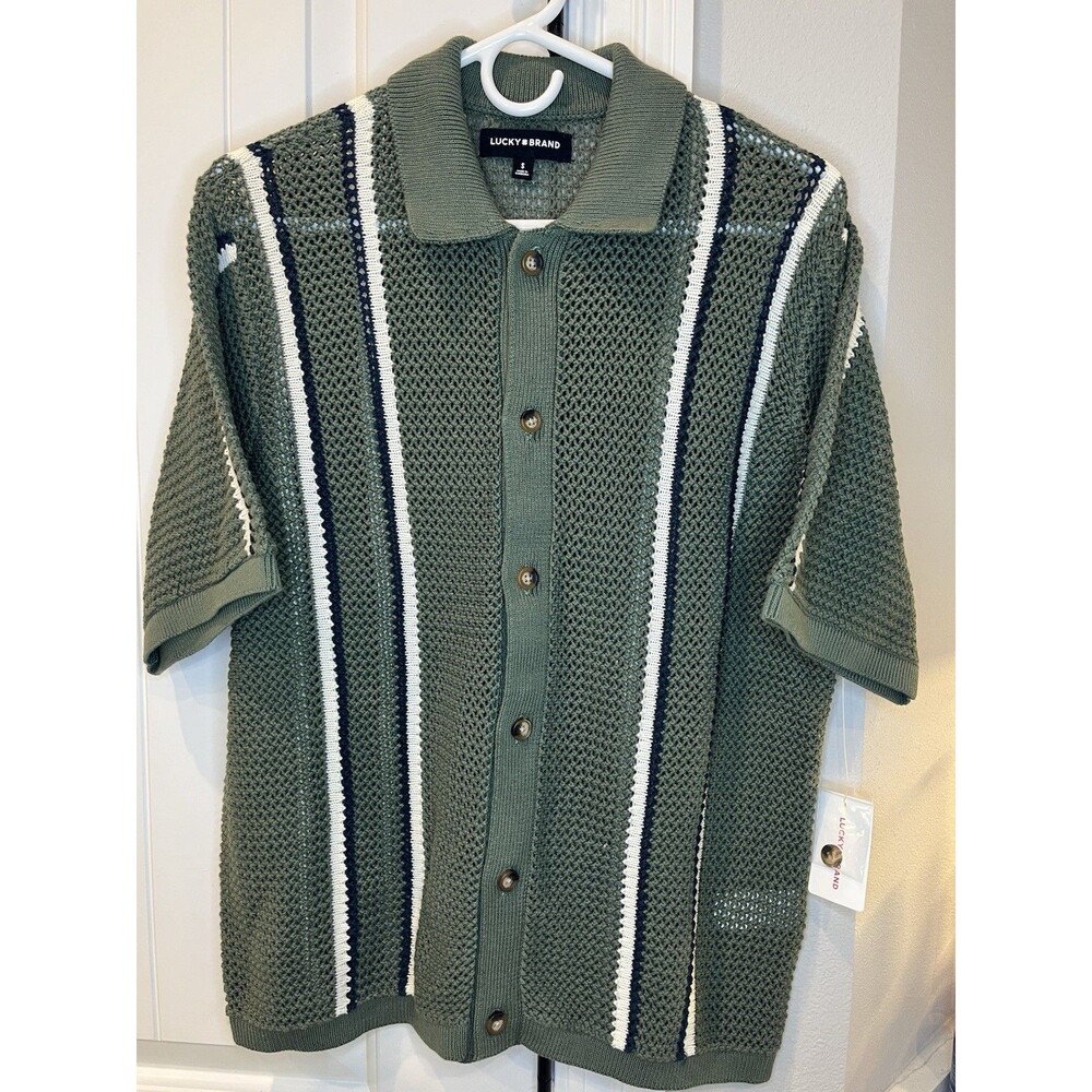 Lucky Brand Knit Polo Shirt Mens Small Sage Green Striped Button Sweater NWT